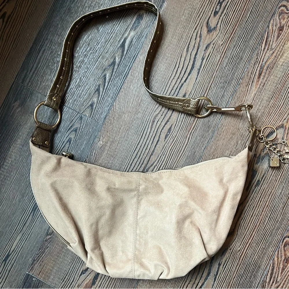Vintage Hobo Sling Microsuede tan bag handbag bag charms flare studs embellished
